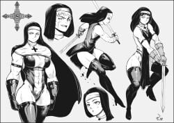 3girls abs athletic_female big_breasts character_design concept_art female high_heels muscular_female nun speedl00ver thick_thighs weapons wide_hips