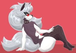 anthro ass canid canid_demon canine collar demon demon_girl ear_piercing female flutterthrash fur furry grey_body grey_fur grey_hair hair hellhound helluva_boss long_hair loona_(helluva_boss) mammal piercing red_sclera solo spiked_collar tail white_body white_eyes white_fur wolf_ears wolf_girl wolf_tail