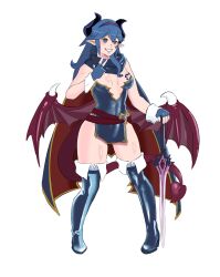 1girls blue_eyes blue_hair falchion_(fire_emblem) fire_emblem fire_emblem_awakening horns long_hair lucina_(fire_emblem) nintendo pointy_ears small_breasts smile solo_female succubus succubus_horns succubus_wings sword thighs tiara weapon white_milk wings