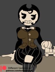 beanontoast bendy bendy_and_the_dark_revival bendy_and_the_ink_machine bendy_fem bendy_the_dancing_demon big_breasts black_body bow bowtie cleavage clothed crossed_legs demon female genderswap gloves grinding looking_at_viewer rule_63 sfw sitting smiling thick_thighs toy toy_train train vest wide_hips