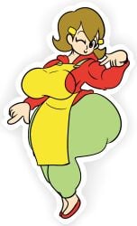 5-volt apron big_ass big_butt big_hips breasts brown_eyes brown_hair bubble_butt hoodie huge_ass mario_(series) milf mrpr1993 nintendo thick_ass thick_thighs warioware warioware_gold wink winking_at_viewer