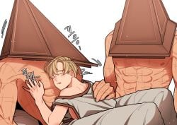 3boys abs apron bbiiyak blonde_hair blush face_in_chest gay helmet james_sunderland lying_on_person male male_only muscular muscular_male on_stomach oversized_clothes pecs pyramid_head scars scratches silent_hill silent_hill_2 size_difference sleeping sleeping_on_person wearing_others_clothes yaoi