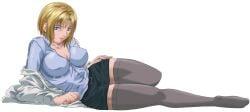 belt bible_black big_breasts black_socks blonde_hair blue_eyes breasts cross_earrings dress female kitami_reika kneeling lips milf nipples shin_bible_black skirt socks thigh_socks thighhighs