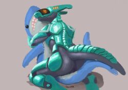 2022 anthro anus ass biped blahaj blush digital_media_(artwork) fish green_body grey_body hi_res hugging_plushie ikea kneeling looking_at_viewer looking_back looking_back_at_viewer male marine multicolored_body orange_eyes shark simple_background solo synth_(vader-san) teavern two_tone_body white_background