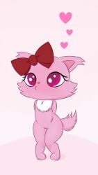 anthro chest_tuft chibi dakuromii digital_drawing_(artwork) digital_media_(artwork) digitigrade domestic_cat felid feline felis female fluffy fluffy_tail fur garnet_(jewelpet) genitals heart hi_res jewelpet knock-kneed looking_up mammal persian_cat pink_body pink_eyes pink_fur pussy ribbons sanrio semi-anthro simple_background tuft wide_hips