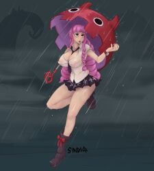 big_breasts big_eyes black_eyes cute cute_face female female_only goth goth_girl long_hair miniskirt one_piece perky_breasts perona pink_hair raining sindio skirt thick_thighs thighs tie umbrella wet wet_shirt white_shirt white_skin