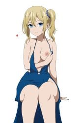 1girls :) accurate_art_style areola_slip areolae arms bare_shoulders big_breasts blonde_hair blue_eyes blue_nails breasts collarbone coro_fae dress exposed_breasts female female_only fingernails hair_between_eyes hand_on_breast hand_under_breasts happy hayasaka_ai heart highres kaguya-sama_wa_kokurasetai_~tensai-tachi_no_renai_zunousen~ knees legs legs_together light-skinned_female looking_at_viewer loose_clothes medium_hair nail_polish nipples no_bra no_panties official_style one_breast_out ponytail presenting presenting_breasts seductive side_ponytail sitting smile solo white_background