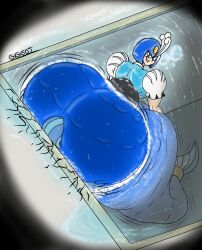 1boy 1girls ass_bigger_than_head ass_focus big_ass big_butt biting_lip blue_eyes butt_crush capcom gigigo huge_ass huge_butt looking_back mega_man mega_man(classic) mega_man_(character) mermaid rockman splash_woman swimming thick_ass wide_hips