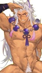 animal_ears armpit_hair body_hair facial_hair facial_scar grin happy_trail jewelry jiecaoxiong league_of_legends long_hair long_hair_male looking_at_viewer male male_only male_pubic_hair muscular muscular_male necklace nipple_piercing nude prayer_beads pubic_hair purple_eyes sett smile solo spirit_blossom_series spirit_blossom_sett stubble tan_skin white_hair