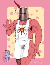 2boys apron blush chibi dark_souls fromsoftware helmet knight knight_lautrec_of_carim male male_only masked masked_male muscular muscular_male naked_apron shimoduct solaire_of_astora solo_focus