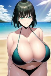 1girls ai_generated alternate_breast_size bangs bare_shoulders beach belly belly_button big_breasts bikini bikini_bottom bikini_top black_hair breast_press breast_squish breasts breasts_bigger_than_head busty cleavage clothed clothed_female clothing collarbone curvaceous curvy curvy_body curvy_female curvy_figure dark_green_hair eye_contact eyelashes female female_only fringe front_view fubuki_(one-punch_man) green_eyes green_hair hips hourglass_figure huge_breasts large_breasts light-skinned_female light_skin lips lipstick looking_at_viewer medium_hair midriff nai_diffusion navel ocean one-punch_man pale-skinned_female sand short_hair sky slim slim_waist smile smiling smiling_at_viewer smirk solo solo_female solo_focus stable_diffusion standing stomach sunny swimsuit thick thick_legs thick_thighs thigh thighs thin_waist top_heavy voluptuous waist wide_hips