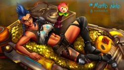 2d abs blizzard_entertainment blue_hair clothed junker_queen laying_down laying_on_back marikoneko marikoneko0 overwatch overwatch_2 pachimari solo