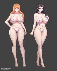 2girls alternate_version_available areolae big_breasts bikini bikini_bottom bikini_top black_hair blue_eyes blush breasts cleavage feet female female_only full_body hair hand_on_hip hips huge_breasts legs lips long_hair multiple_girls nami nico_robin one_piece orange_eyes orange_hair post-timeskip skimpy skimpy_bikini sunglasses sunglasses_on_head swimsuit swimwear thick_thighs thighs white_bikini white_sling_bikini zeesta