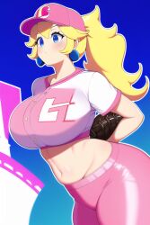 1girls ai_generated baseball_glove baseball_uniform blonde_hair blue_background blue_earrings blue_eyes boobs breasts clothed clothed_female clothing earrings female light-skinned_female long_hair mario_(series) nai_diffusion pale-skinned_female piercing ponytail princess_peach simple_background solo solo_female stable_diffusion tagme thick_thighs thighs yellow_hair