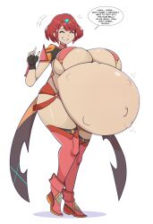 1girls belly big_belly big_breasts bob_cut breasts cleavage clothed clothing exposed_pregnant_belly female female_only fetal_movement huge_belly huge_breasts hyper_belly hyper_pregnancy nintendo outie_navel pregnant pyra ready_to_pop red_hair short_hair smile solo solo_female speech_bubble standing text thick_thighs xenoblade_chronicles_2 zeruxu