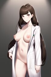 1girls ai_generated breasts brown_eyes brown_hair human kuon_ichinose long_hair nai_diffusion naked_coat nipples persona persona_5 persona_5_scramble:_the_phantom_strikers pussy stable_diffusion white_coat