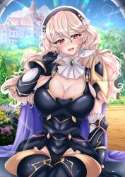 1girls alternate_costume bare_thighs big_breasts black_panties cleavage cleavage_cutout corrin_(female)_(nohr_noble)_(fire_emblem) corrin_(fire_emblem) corrin_(fire_emblem)_(female) dragon dragon_girl fire_emblem fire_emblem_fates fire_emblem_heroes inner_thighs looking_at_viewer nintendo official_alternate_costume panties pointy_ears red_eyes renaisblade slit_pupils smile solo thighs underwear white_hair wide_hips