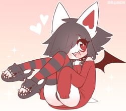 1girls 2022 anthro asphodel ass bat_(anthro) bat_girl bat_tail bat_wings black_hair black_panties blush collar cute_fangs fangs female furry hair_over_one_eye heart legs_up no_pants original panties red_eyes sataenart sitting slippers smile spiked_collar striped_legwear sweater tail thighhighs toeless_legwear wings