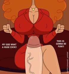 1girls big_breasts big_penis breasts cartoon_network curly_hair hourglass_figure huge_breasts orange_hair penis powerpuff_girls puffy_hair sara_bellum solo solo_female talking_to_viewer unseen_male_face whalewarrior123z