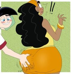 1boy 1girls ass ass_grab big_ass big_butt blush breasts danny_fenton danny_phantom dark_skin denizen1414 female green_background groping large_ass large_butt male male/female nickelodeon sidescreen_character sound_effects straight thick_ass thick_thighs valerie_gray white_background