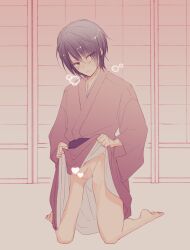 aged_down barefoot blush breath clothes_lift dark_hair embarrassed erection gintama heart_censor japanese_text kimono kimono_lift kneeling looking_away male male_only nagimonoki penis petite purple_hair small_penis solo takasugi_shinsuke twink