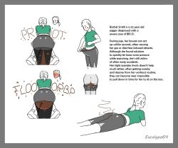 ass blush bucket character_profile color diarrhea eucalypo64 fart farting messing rachel_(eucalypo64) rear_view scat soiling text white_background white_hair white_skin yoga_pants