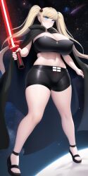 ai_generated blue_eyes cape danganronpa danganronpa:_trigger_happy_havoc fully_clothed hair_ornament huge_breasts junko_enoshima legs lightsaber midriff multi_digit multi_finger n.c.b_ai nai_diffusion sith space stable_diffusion star_wars thighs