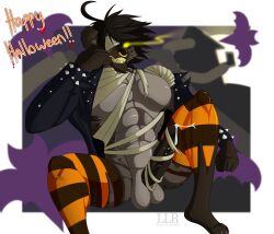 abs anthro balls bandage bat_wings bodily_fluids bottomless bottomless_male brown_body brown_fur clothed clothing costume cum cum_on_penis cum_string digital_media_(artwork) erection facial_piercing fur genital_fluids genital_piercing genitals glowing glowing_eyes grin hair halloween hi_res holidays humanoid_genitalia humanoid_penis hyaenid jacket klr-rio leather leather_clothing leather_jacket leather_topwear legwear looking_at_viewer male mammal membrane_(anatomy) membranous_wings muscular muscular_anthro muscular_male nipples nose_piercing nose_ring open_clothing open_jacket open_topwear penis penis_piercing piercing radi_(klr-rio) ring_piercing sitting smile solo solo_male spots spotted_hyena stockings studded_jacket topwear torn_clothing wings