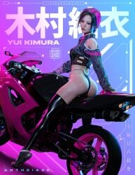 3d antheia3d ass ass_focus biker_girl dbd dead_by_daylight fit_female japanese japanese_text kanji latex_thighhighs legs motorcycle neon thigh_highs thong two_tone_hair yui_kimura