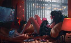 1girls asian_female bottomless electronics female female_only gamer_girl gaming laptop light-skinned_female original original_character painting_(artwork) realistic thighs wlop