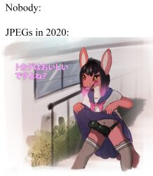 anthro black_dildo black_hair bottomwear clothed clothing clothing_lift dildo female glistening glistening_eyes grey_clothing grey_legwear hair hi_res humanoid_dildo japanese_text kiva~ legwear looking_at_viewer multicolored_hair navel open_mouth open_smile orange_eyes outside pink_hair pink_tongue plant portrait red_body school_uniform sex_toy shrub skirt skirt_lift smile solo species_request standing strapon text three-quarter_portrait tongue tongue_out translation_request two_tone_hair uniform unsigned wide_stance