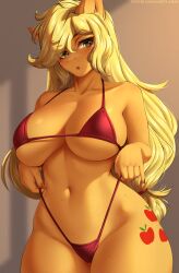 anthro anthro_only anxiety-chan applejack_(mlp) big_breasts bikini blush busty equid equine female female_only friendship_is_magic furry furry_only horse long_hair looking_at_viewer mammal mare micro_bikini my_little_pony pulling_bikini_string pulling_clothing small_bikini solo solo_female