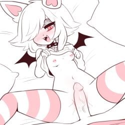 1boy 1boy1girl 1girls 2022 anthro asphodel bat_(anthro) bat_girl bat_wings blush breasts collar duo fangs female furry hair_over_one_eye imminent_sex lying male nipple_piercing nipples on_back on_bed open_mouth original penis piercing precum pussy_juice red_eyes sataenart small_breasts spiked_collar spread_legs striped_legwear sweater sweater_lift tagme thighhighs wings