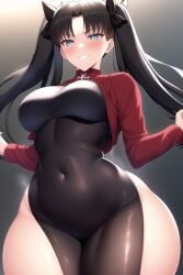 1girls ai_generated alternate_breast_size belly_button black_hair blue_eyes breasts fate/stay_night fate_(series) female fully_clothed grin hips large_breasts light-skinned_female light_skin long_hair nai_diffusion navel slim_waist smile smirk stable_diffusion thick_thighs thighs thunder_thighs tight_clothing tights tohsaka_rin wide_hips