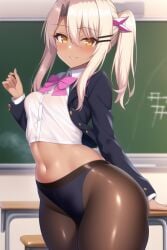 1girls ai_generated ass blonde_hair breasts brown_skin chloe_von_einzbern classroom dark-skinned_female dark_skin fate/grand_order fate/kaleid_liner_prisma_illya fate_(series) female fully_clothed hips indoors long_hair nai_diffusion naughty_face orange_eyes petite petite_body pink_hair school_uniform schoolgirl slim_waist small_breasts smile stable_diffusion suggestive_look thick_thighs thighs thunder_thighs tights two_tone_hair wide_hips