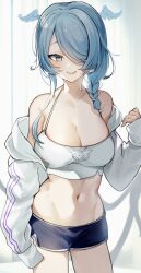 1girls bare_shoulders belly_button big_breasts blue_hair braid braided_hair cleavage dragon_girl dragon_wings elira_pendora exposed_shoulders female female_only hair_covering_eye hair_over_one_eye hair_wings head_wings light-skinned_female light_skin midriff navel nijisanji nijisanji_en oimo_buster one_eye_covered one_eye_obstructed solo virtual_youtuber