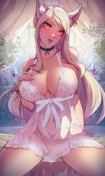 1girls ahri alternate_version_available big_breasts blonde_hair cameltoe cleavage female female_only groping_breasts himmely k/da_ahri k/da_series league_of_legends lingerie nipple_bulge sideboob underwear vastaya