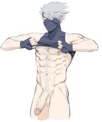 1boy bara fingerless_gloves grey_hair grey_pubic_hair hatake_kakashi male_only masked_male muscular_male naruto pectorals pubic_hair shirt_up