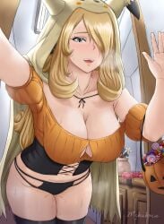 1girls almost_caught blonde_hair candy clothing curvaceous curves cynthia_(pokemon) dildo feet_out_of_frame female game_freak green_eyes hair_over_one_eye halloween halloween_costume hallway hi_res highres huge_breasts human implied_masturbation indoors jack-o'-lantern large_breasts light-skinned_female light_skin long_hair looking_at_viewer mekakris mimikyu_(cosplay) nintendo pokemon pokemon_(cosplay) pokemon_dppt solo standing thick_thighs thighhighs