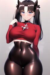 1girls ai_generated alternate_breast_size belly_button black_hair blue_eyes breasts fate/stay_night fate_(series) female fully_clothed hips large_breasts light-skinned_female light_skin long_hair nai_diffusion navel slim_waist smile stable_diffusion thick_thighs thigh_gap thighs thunder_thighs tight_clothing tights tohsaka_rin wide_hips