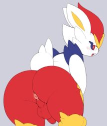 2022 anus ass cinderace fur gay generation_8_pokemon genitals hi_res lagomorph looking_back male mammal nintendo penis pokemon pokemon_(species) pururing rear_view simple_background video_games white_body white_fur