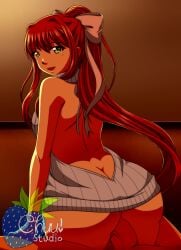 ass ass_cleavage butt_crack doki_doki_literature_club green_eyes long_hair monika_(doki_doki_literature_club) sweater virgin_killer_sweater watermark xenokurisu