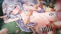 bangs bar_censor blush breasts censored character_request commentary_request completely_nude copyright_request ddddecade female heart highres medium_breasts navel nude red_eyes smile tentacle tentacle_sex vaginal_penetration white_hair