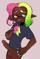 1boy balls ballsack bedroom_eyes bottomless circumcised circumcision_scar dark-skinned_male dark_skin erection fang humanoid humanoid_penis inkling kanji_(splatoon) male male_only nintendo nipple_pinch nipple_play oc octoling original_character penis precum precum_drip roachtoon scrotum shirt_lift shirt_only simple_background simple_shading solo splatoon splatoon_3 splatoon_oc t-shirt testicles tongue tongue_out two_tone_hair veiny_penis