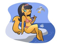 anthro bikini bikini_pull cat_humanoid female furry kitty_katswell looking_at_viewer marmelmm solo t.u.f.f._puppy winking