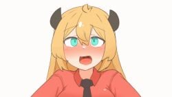 animated blonde_hair blue_eyes blush bouncing_breasts daebom daebom_(character) female_daebom horns red_shirt