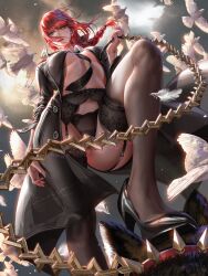 birds black_coat braided_ponytail chains chainsaw_man cleavage coat garter_belt golden_eyes liang_xing lingerie makima_(chainsaw_man) no_bra panties red_hair stockings