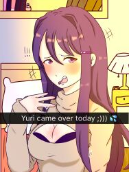 !!! 1female 1girls ;) bed blush blushing bra cleavage cleavage_cutout cutout doki_doki_literature_club english_text fluid furniture hair_intakes lamp long_hair motion_lines pillow purple_bra purple_eyes purple_hair snapchat text trashytoaster white_pillow yuri_(doki_doki_literature_club)