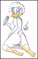 anatid animal_humanoid anseriform anthro ass avian avian_humanoid biped bird blue_eyes breasts daisy_duck disney duck feathers female genitals hair humanoid looking_back nipples nude open_mouth pussy quack_pack reddragonkan short_hair soft_feathers solo traditional_media_(artwork)