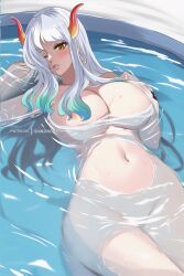 1girls areolae big_breasts blue_hair breasts brown_eyes busty convenient_censoring curvy ear_piercing earrings female female_focus female_only gradient_hair hi_res highres hoop_earrings horned_humanoid horns humanoid light-skinned_female light_skin long_hair lying_in_water multicolored_hair navel nipples nude one_piece oni oni_horns shinjinou simple_background solo two_tone_hair water wet_body white_hair wide_hips yamato_(one_piece) youkai